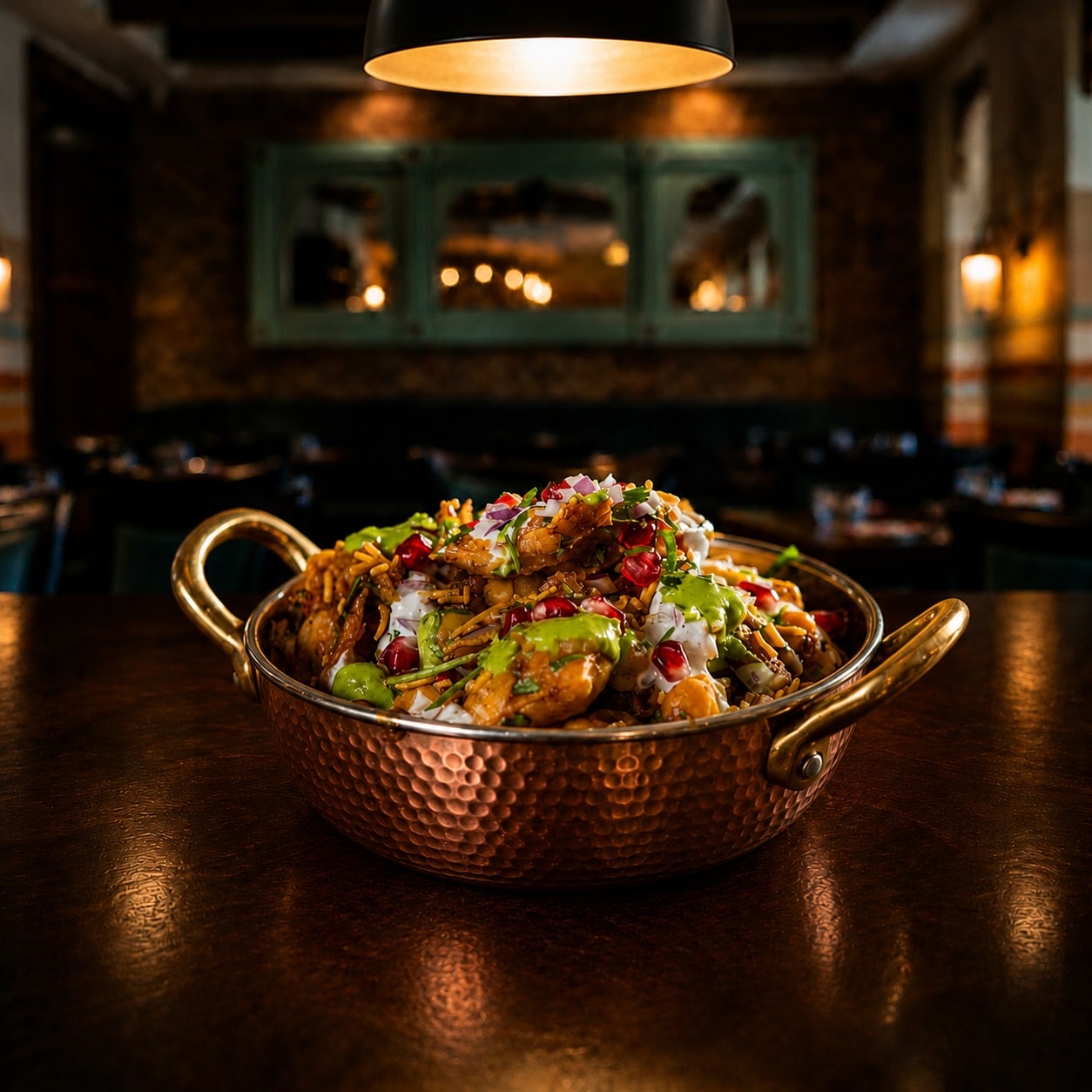 A gourmet dish featuring delicate prawns on vibrant yellow sauce, adorned with colorful edible flowers, under warm, elegant lighting in an upscale restaurant.