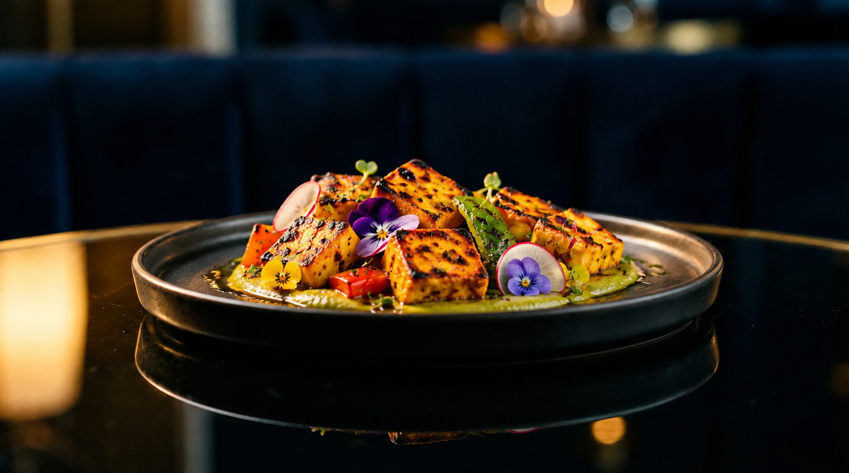 Grilled paneer with peppers, radishes and edible flowers served on a dark plate at Indigo.