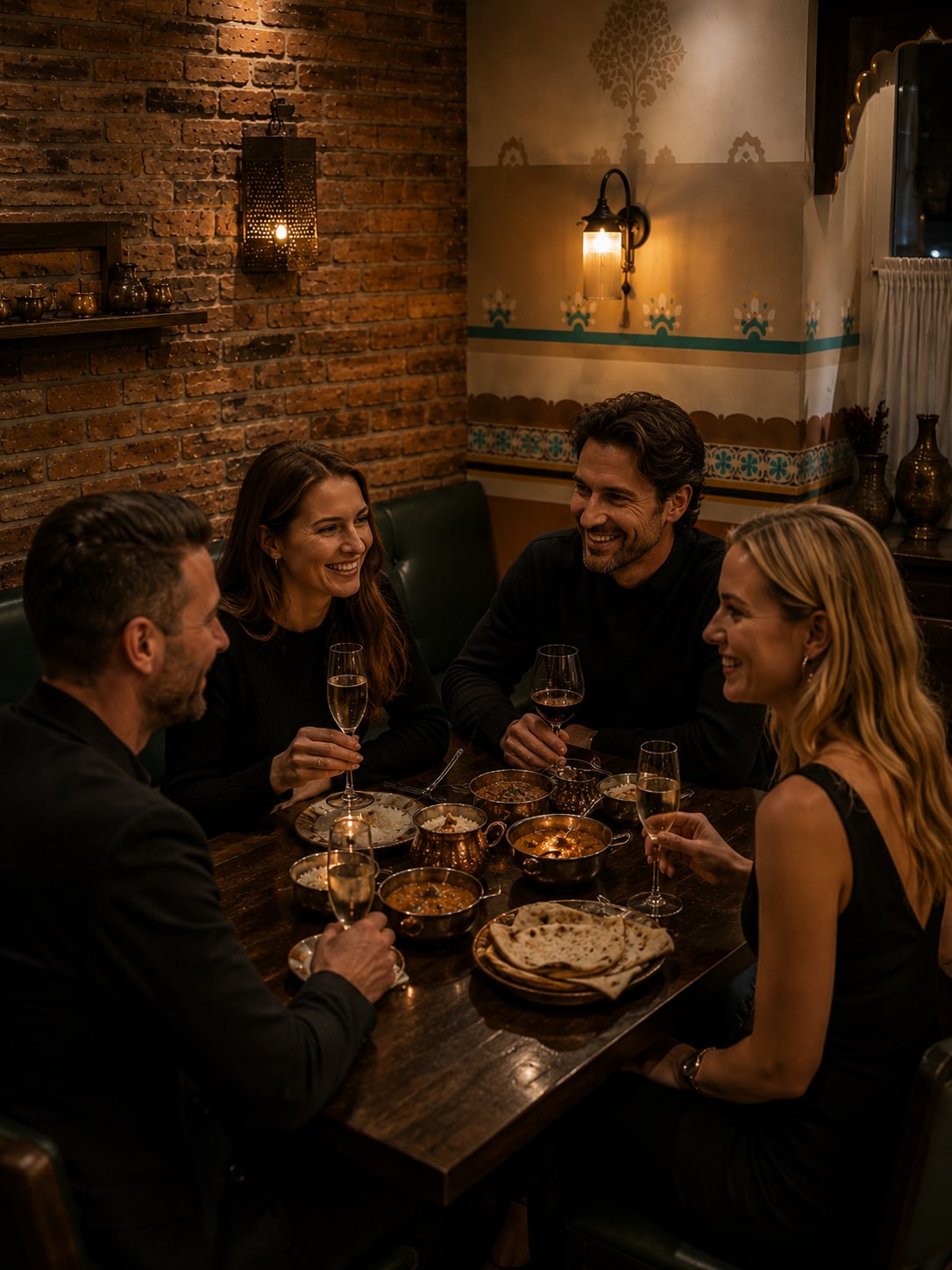 A chilled bottle of Ruinart Blanc de Blancs champagne sits on a wooden table, with a soft-focus background of wine racks. The mood is elegant and celebratory.