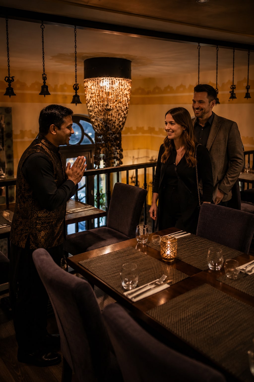A wine bottle labeled "Domaine Leroy Musigny Grand Cru" stands on a reflective surface. The background is softly blurred, creating a warm, elegant ambiance.