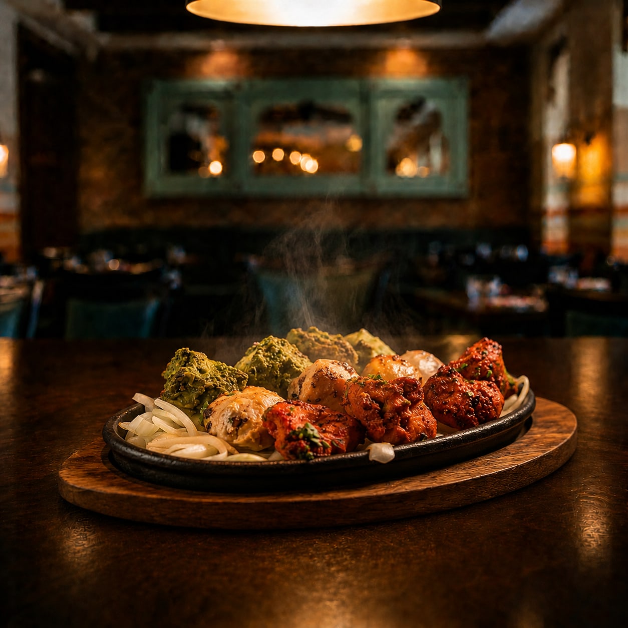 Seared foie gras with caramelized pear slices on toasted bread, drizzled with sauce, on a dark plate. Warm lighting creates an elegant, upscale ambiance.